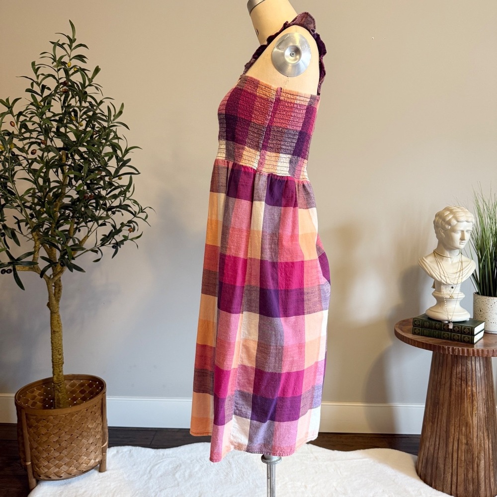Plaid Smocked Sundress Cotton Pink Purple Midi Cottagecore Summer Dress 12 - Picture 5 of 10